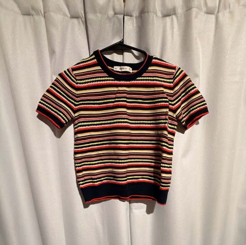 Zara Knit Short Sleeve Striped Top Size S Multicolor